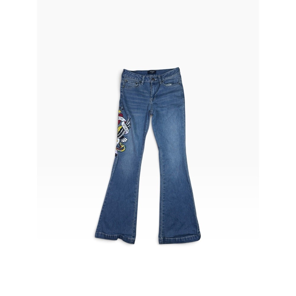 Vintage Y2K Ed Hardy Womens Jeans 26 Graphic Spellout Skull Eagle Flare